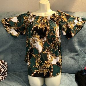 Moa moa medium green gold yellow black and white off the shoulder top
